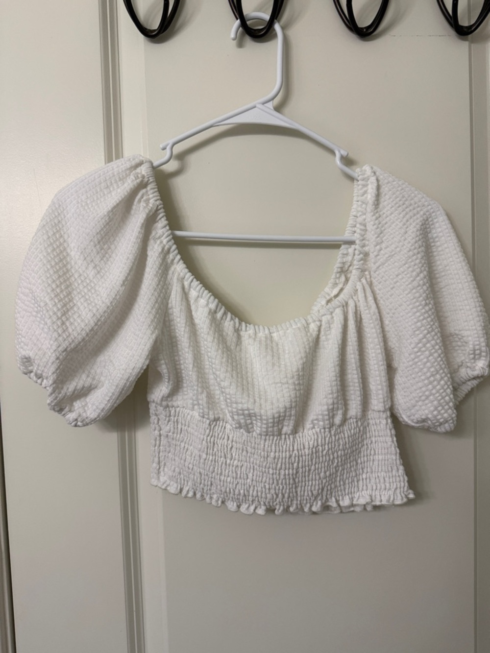 Altar'd State White Textured Puff-Sleeve Smocked Crop